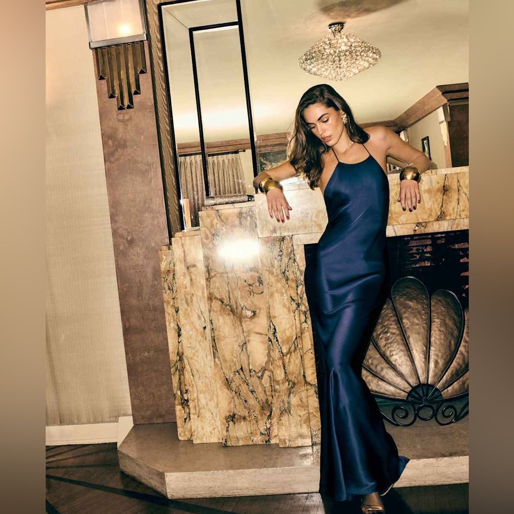 Reformation Jeany Silk Navy Dress Brand New